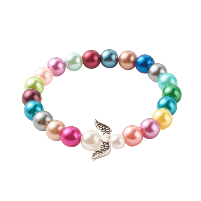 Bracelet sur élastique pour enfant, grains multicolores en acrylique nacré Ø 8 mm avec ailes d'ange.