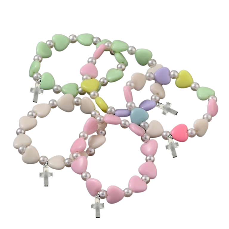 Bracelets sur élastique pour enfant, perle acrylique forme cœur 10mm. LOT DE 10 ASSORTIS SELON ARRIVAGE