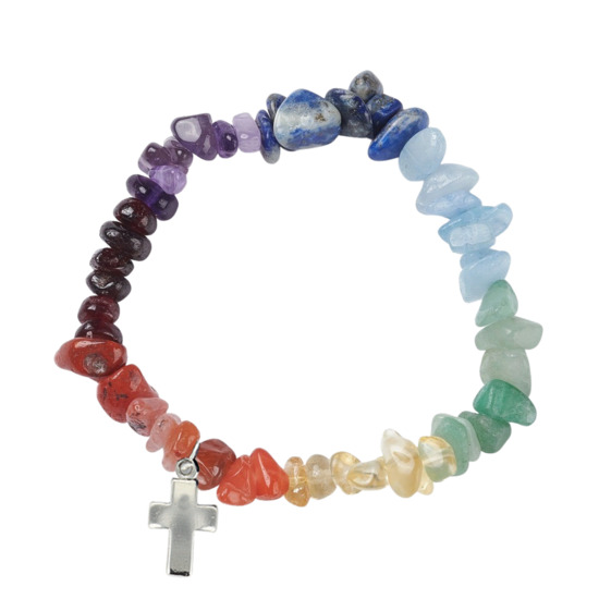 Bracelet sur élastique pour enfant, éclats de pierre naturelle 7 couleurs des anges avec croix.