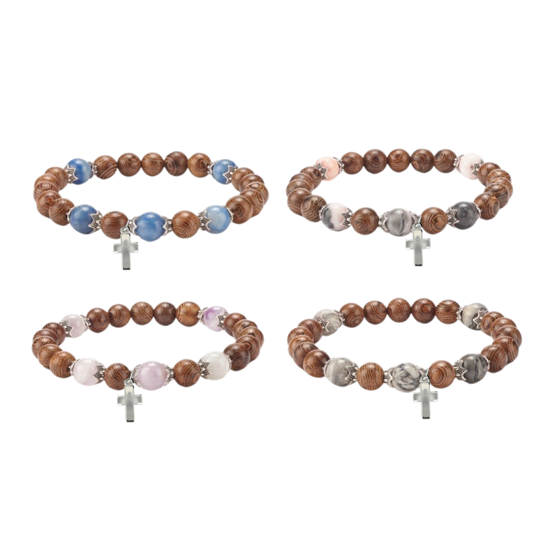 Bracelet sur élastique grainsbois de wengé et pierres naturelles Ø 8 mm. Lot de 5 assortis
