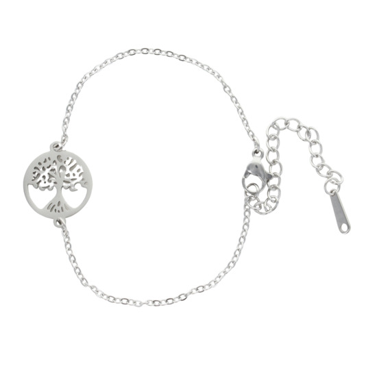 Bracelet sur chaine ajustable en acier inoxydable couleur argentée avec symbole arbre de vie