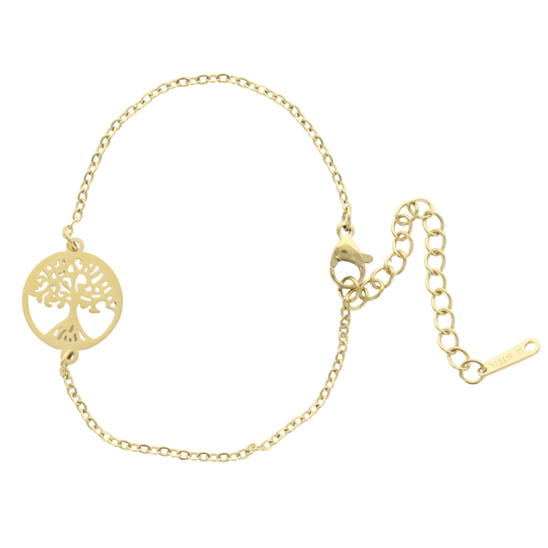 Bracelet sur chaine ajustable en acier inoxydable couleur dorée avec symbole arbre de vie