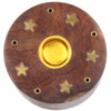 Brûle encens pour bâtonnets ou cônes rond en bois vernis étoile, hauteur 3.5 cm, Ø 6 cm. BOITE DE 2.