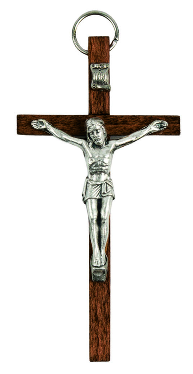 Crucifix bois foncé avec Christ métal couleur argentée - H. 8 cm.