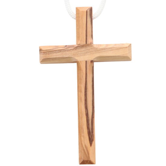 Croix d'aube en bois d'olivier de Terre Sainte bords biseautés 10 cm avec cordon blanc 60 cm.