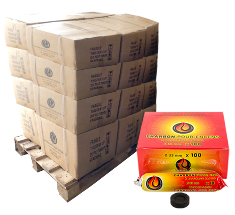 PALETTE DE 480 boîtes (20 cartons) de 10 rouleaux de 10 pastilles de charbon diamètre 33 mm, les rouleaux sont présentés en sachet hermétique.