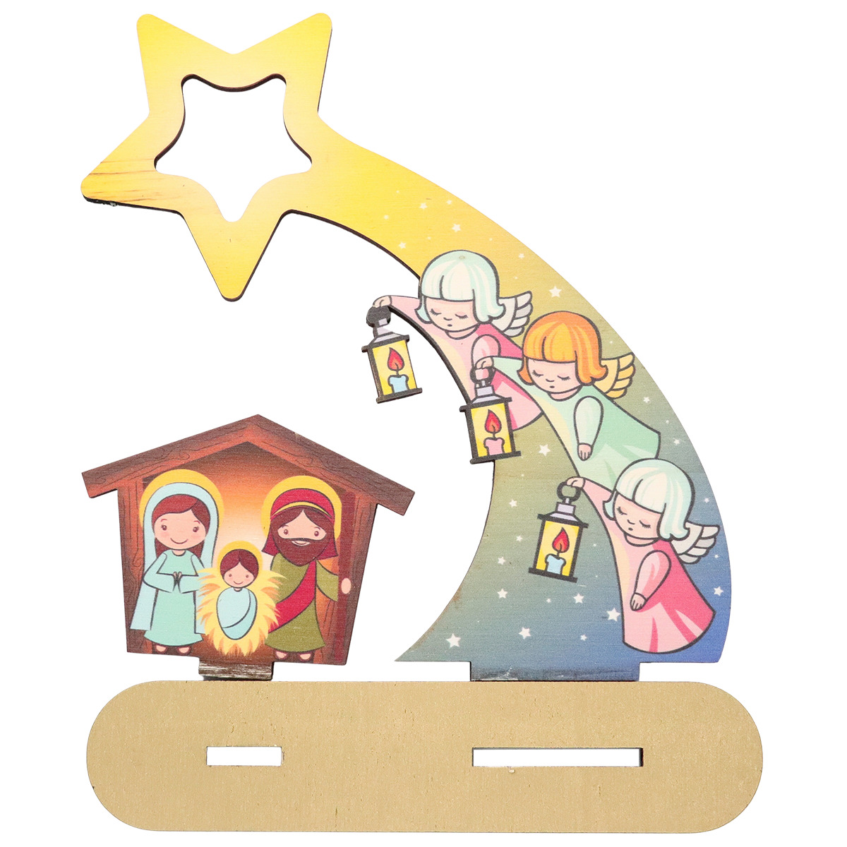 Nativité en bois avec anges et étoiles à assembler H. 18 cm