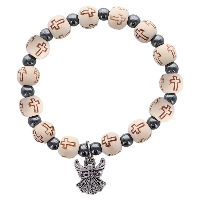 Bracelet sur élastique perle bois Ø 8 mm et hématite avec pendentif ange.