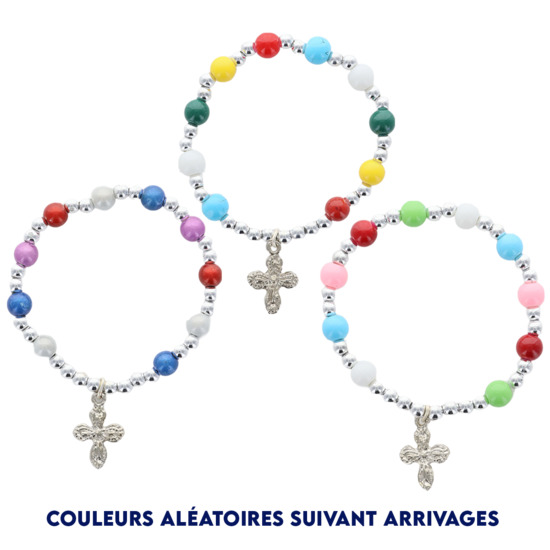 Bracelet dizainier sur élastique pour enfant avec grains saturne multicolore Ø 6 mm et croix métal.