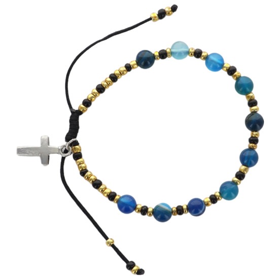 Bracelet dizainier sur corde réglable grains pierre Ø 6 mm, avec croix métal. Différentes pierres.
