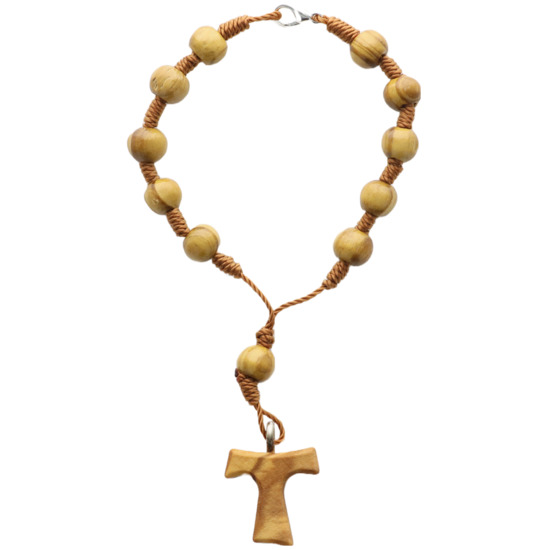 Dizainier sur corde en bois d'olivier grains Ø 7 mm avec fermoir et croix de Tau en bois olivier