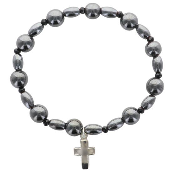 Bracelet dizainier sur élastique grains en hématite ronds et ovales avec croix métal.