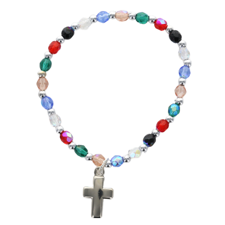 Bracelet sur élastique pour enfant, grains multicolores Ø 4 mm, avec croix métal.