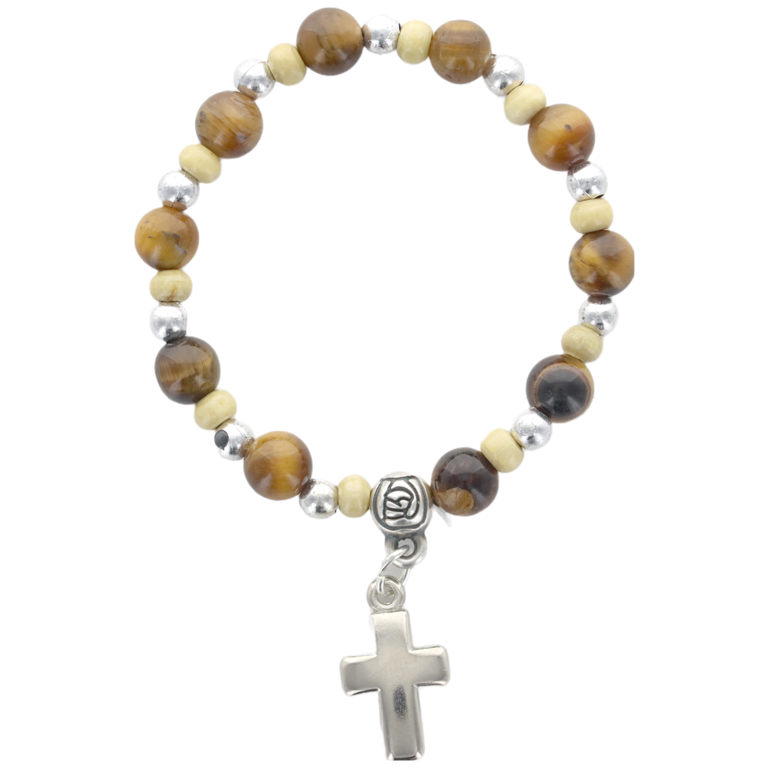 Bracelet dizainier sur élastique pour enfant, grains bois et pierre Ø 5 mm avec croix. Différentes pierres.