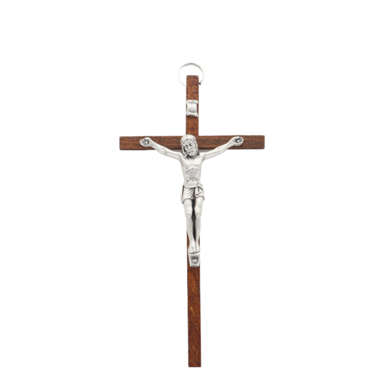Crucifix bois foncé avec Christ métal couleur argentée - H. 12 cm.