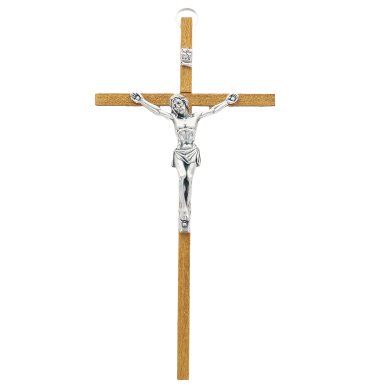 Crucifix bois clair avec Christ métal couleur argentée - H. 16 cm.