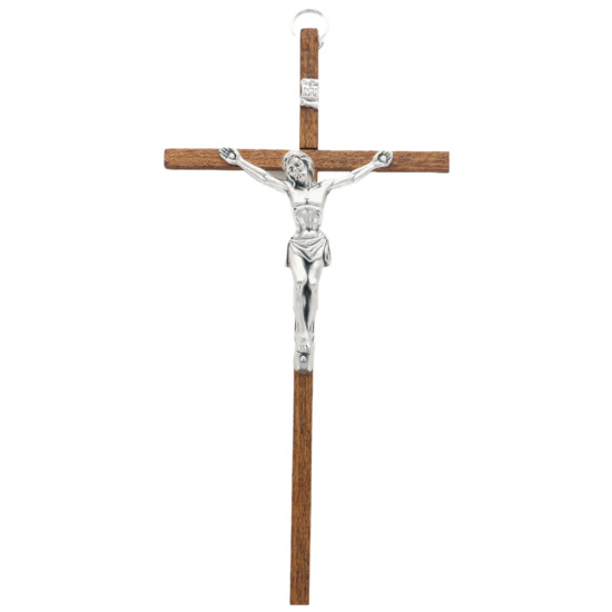 Crucifix bois foncé avec Christ métal couleur argentée - H. 16 cm.