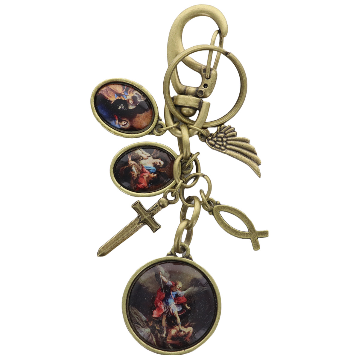 Porte-clés mousqueton des archanges, avec médaille saint Michel, Gabriel et Raphaël et pendentifs.