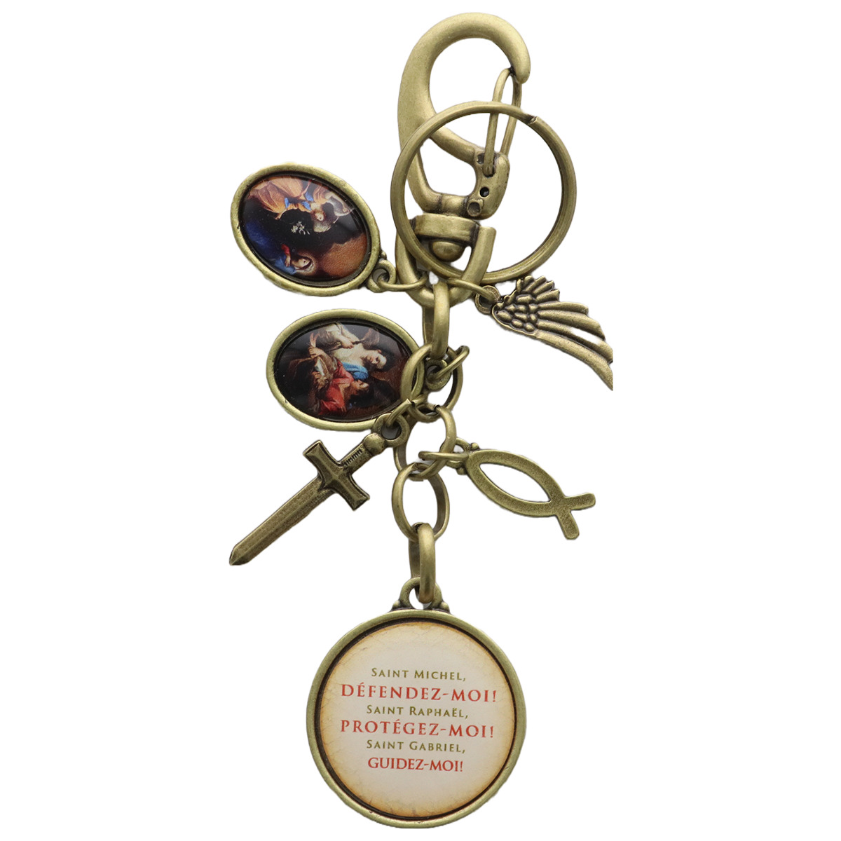 Porte-clés mousqueton des archanges, avec médaille saint Michel, Gabriel et Raphaël et pendentifs.