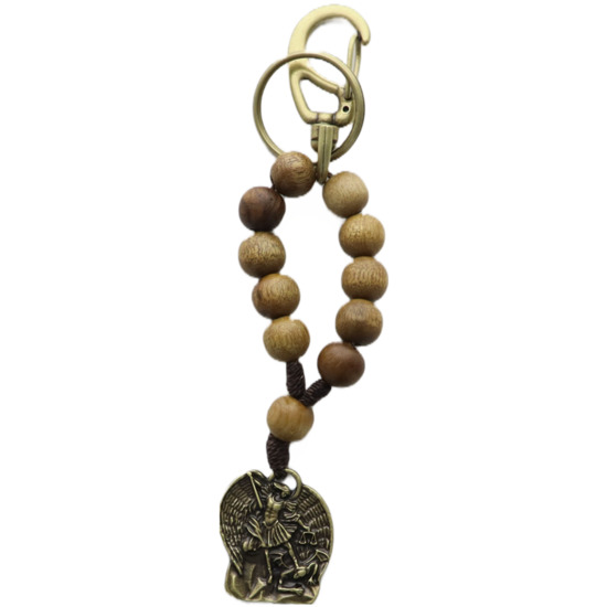 Porte-clés mousqueton dizainier avec médaille saint Michel, grains bois ø 10mm.