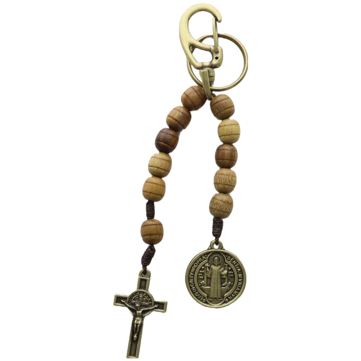Porte-clés dizainier avec médaille saint Benoît et croix Christ, grains striés bois ø 9mm, 14 cm 