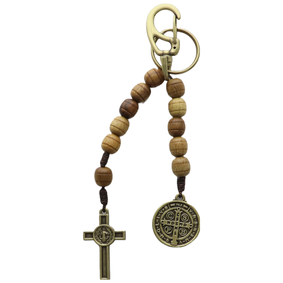 Porte-clés dizainier avec médaille saint Benoît et croix Christ, grains striés bois ø 9mm, 14 cm 