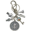 Porte-clés mousqueton en métal avec médaille saint Benoît et breloques (sainte famille, vierge miraculeuse, saint Christophe, saint Expedit, ...)
