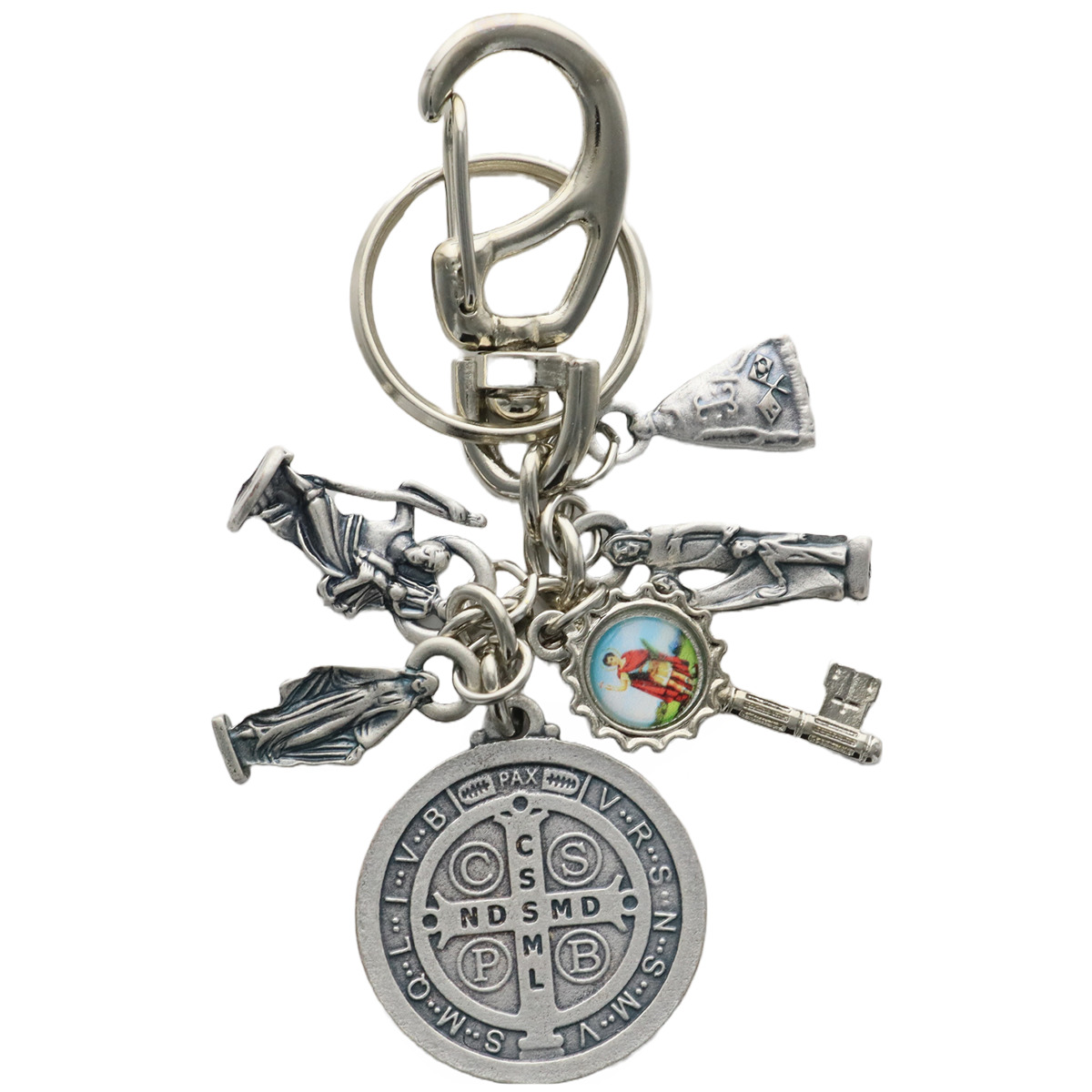 Porte-clés mousqueton en métal avec médaille saint Benoît et breloques (sainte famille, vierge miraculeuse, saint Christophe, saint Expedit, ...)