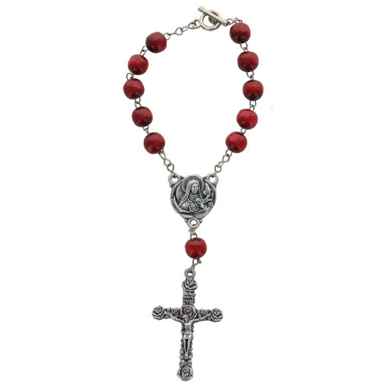 Dizainier avec fermoir sur chaîne de sainte Thérèse, grains bois Ø8 mm, croix christ décor rose