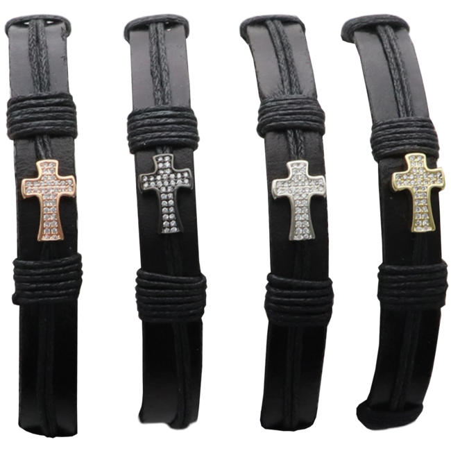 Bracelet cordon en cuir noir réglable et croix de différentes couleurs. LOT DE 4