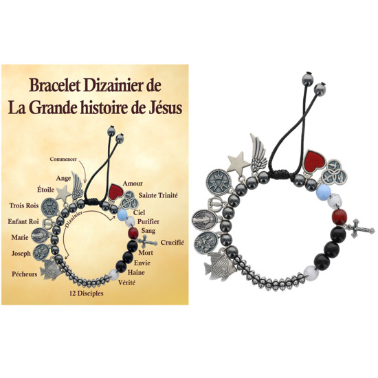 Bracelet dizainier de la vie de Jésus sur corde réglable présenté en sachet avec image explicative