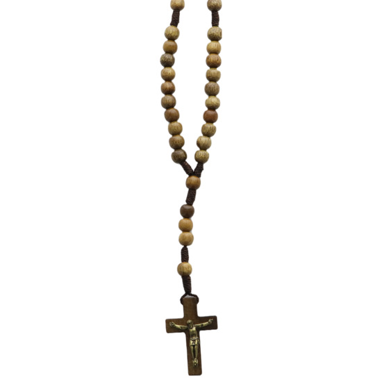 Chapelet sur corde grains ronds Ø 6 mm avec fermoir, longueur au coeur 26 cm, croix bois avec Christ