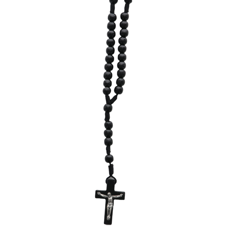 Chapelet sur corde grains ronds noirs Ø 6 mm avec fermoir, longueur au coeur 27 cm, croix bois avec Christ
