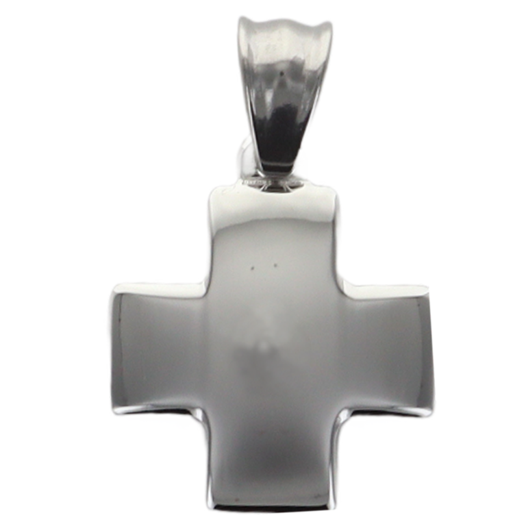 Croix de cou carrée couleur argentée en acier inoxydable H. 2,5 cm.