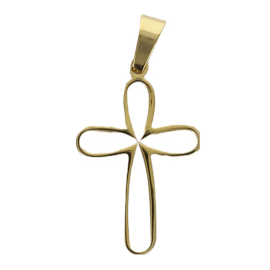 Croix de cou arrondie et ajourée couleur dorée en acier inoxydable H. 3 cm