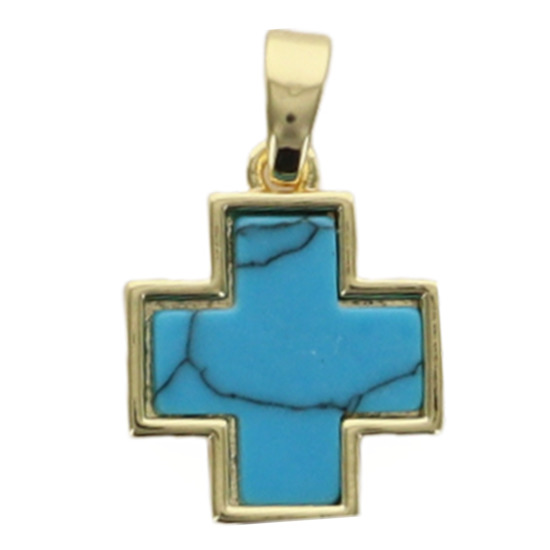 Croix de cou carrée couleur dorée, facette style turquoise, H. 1,5 cm. LOT DE 5