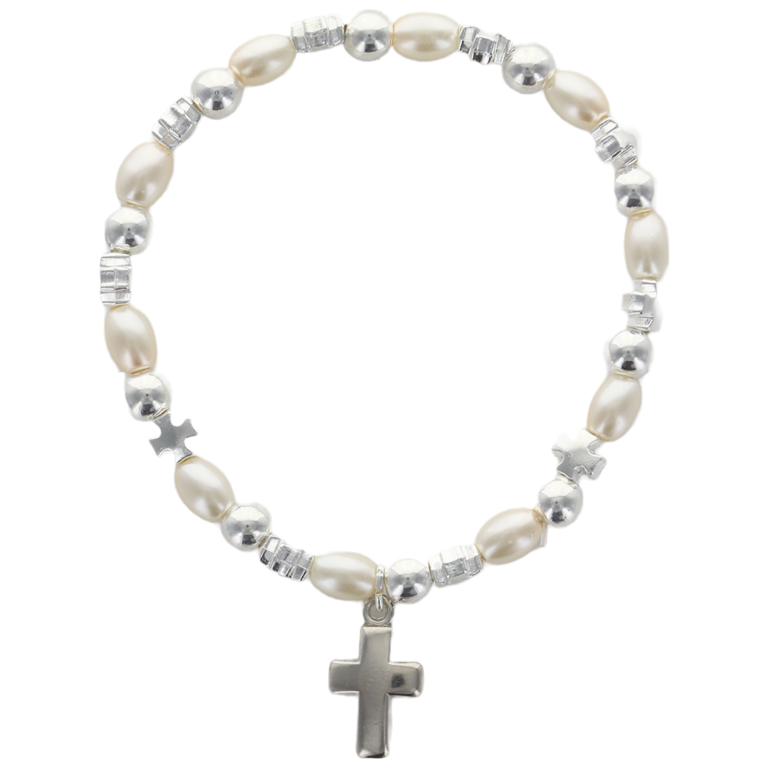 Bracelet dizainier sur élastique grains nacrés et grains forme croix avec croix métal.