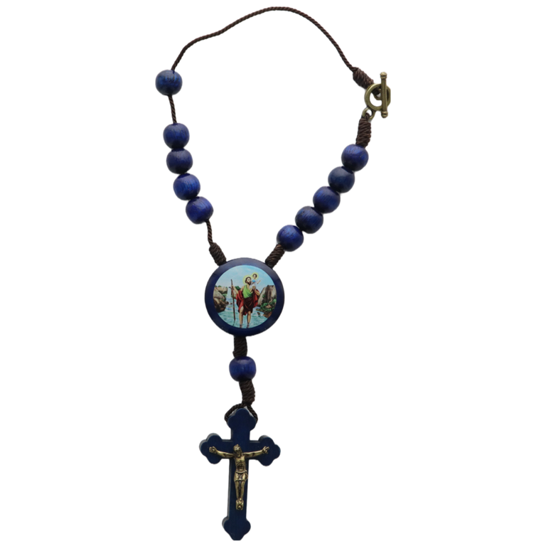 Dizainier de voiture sur corde marron, grains bois bleu Ø7 mm, coeur saint Christophe, croix bois bleue.