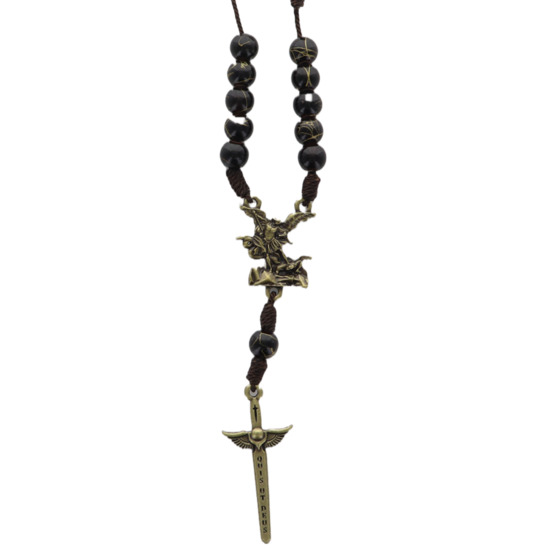 Dizainier de voiture sur corde marron, grains plastique noir Ø8 mm, coeur saint Michel métal, croix épée saint Michel