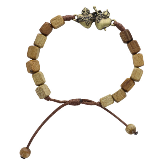 Bracelet sur corde réglable grains bois Ø 6-8 mm avec coeurs unis immaculés (coeur d'amour)