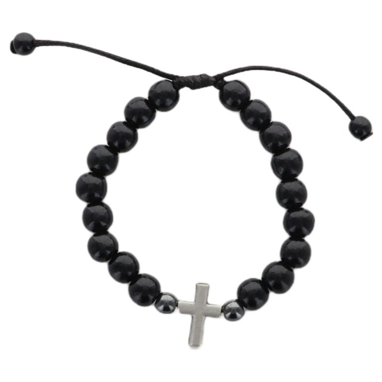 Bracelet sur corde réglable grains plastique noir Ø 8mm avec croix