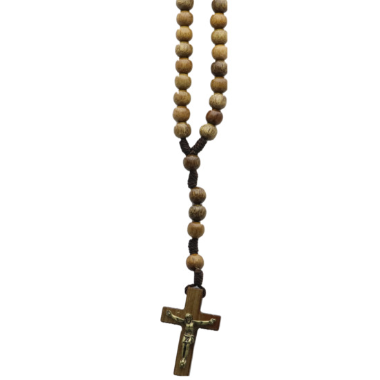 Chapelet sur corde grains ronds Ø 6 mm, longueur au coeur 18 cm, croix bois avec Christ