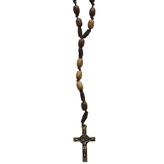 Chapelet sur corde grains ovales Ø 5/7 mm, longueur au coeur 28 cm, croix métal avec Christ