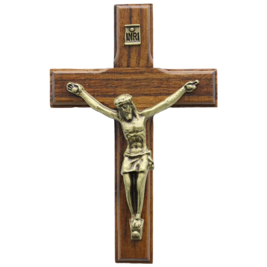 Crucifix en bois H. 7 cm avec Christ métal couleur bronze avec adhésif
