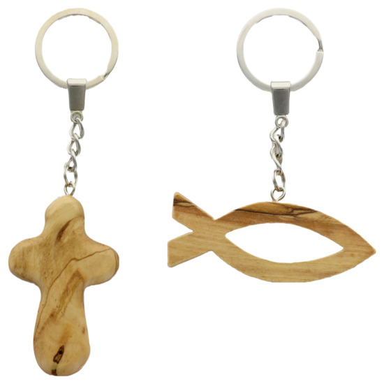 Porte-clés poisson et croix, assortis, fait main en bois d'olivier de terre sainte, LOT DE 2