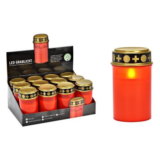 Bougie lumineuse rouge LED intérieur/extérieur Ø 7 cm H. 7 cm (piles non incluses  2 x C1, 5V) présentoir de 12 bougies.