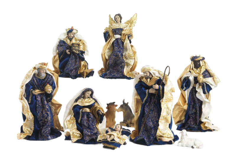 Crèche complète style Vénitien en résine peinte à la main en tissu bleu, beige et or de 10 personnages H. 15 cm.