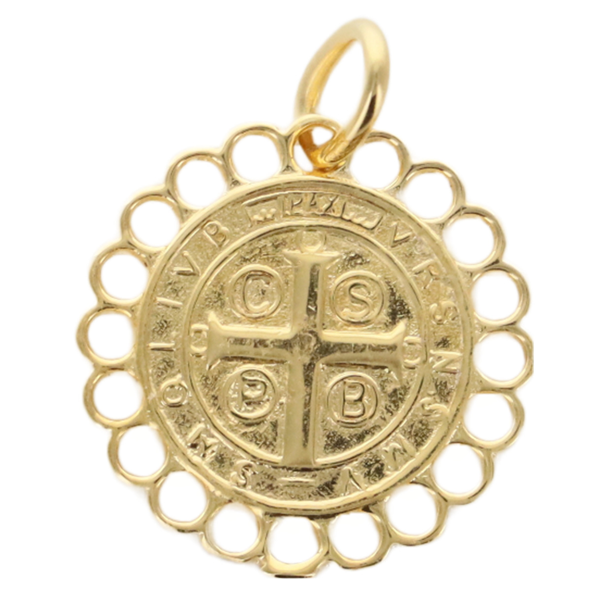Médaille en plaqué or de saint Benoît entouré de dentelle, Ø 2 cm Livrée en boîte. 