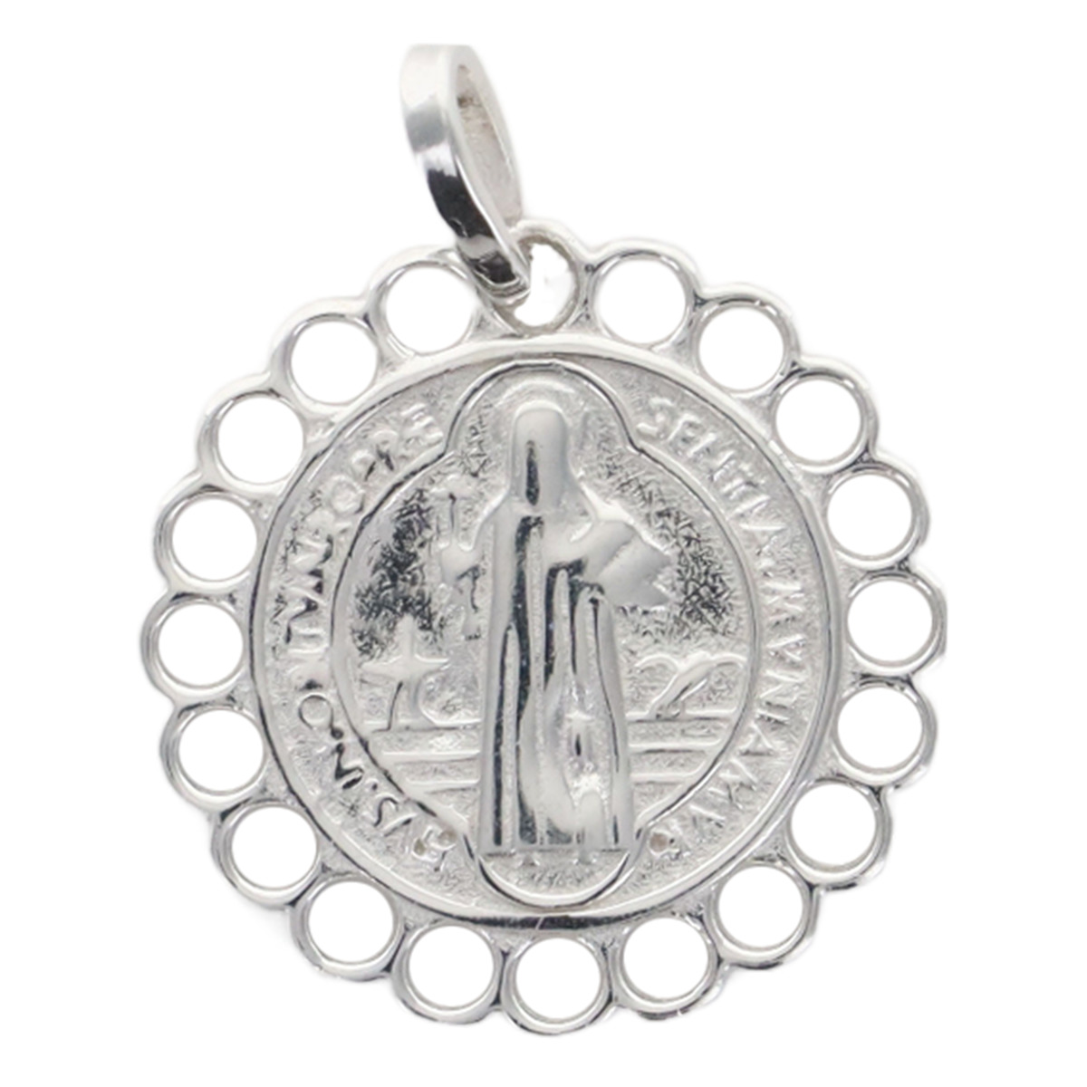 Médaille en argent 925 °/°° de saint Benoît entourée de dentelle,  Ø 2 cm  (2,9 g). Livrée en boîte. 