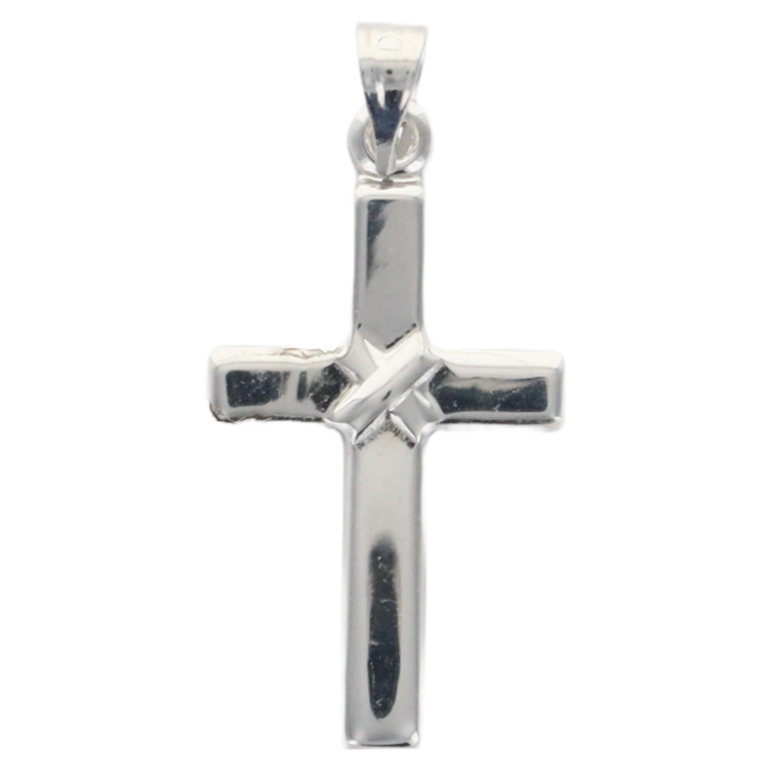 Croix de cou avec noeud au centre en argent rhodié 925 °/°°. H 2,4 cm (0.50 g). Livrée en boîte. 